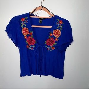 Blue Embroidered Tie Front Blouse